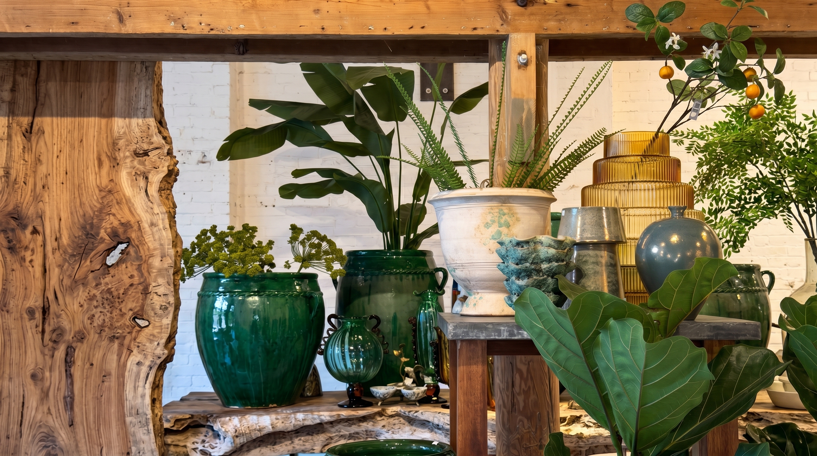 Stilleven met groene vazen, planten en gedroogde takken op een houten werkbank bij Nozili Bloemisten.